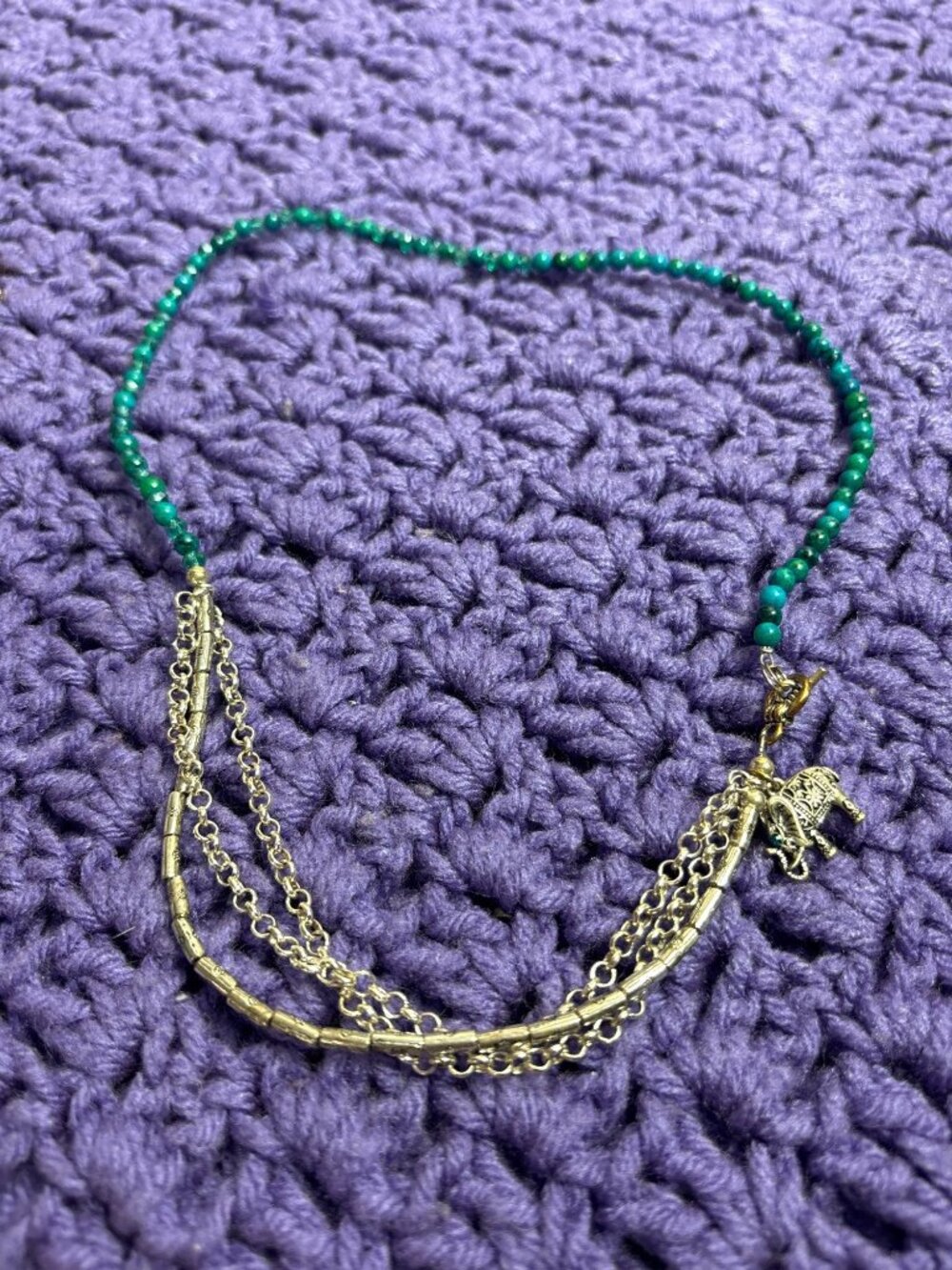 Artisan Silvertone Chain Green Beaded Elephant Charm 20 inches Long